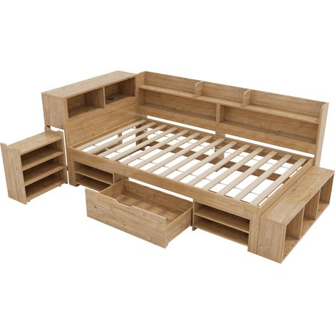 Lit pour enfants, lit de rangement, 90 x 200 cm, lit simple, lit multifonctionnel pour enfants avec tables de chevet, étagères et armoires de rangement, avec recharge sans fil, sans matelas, naturel
