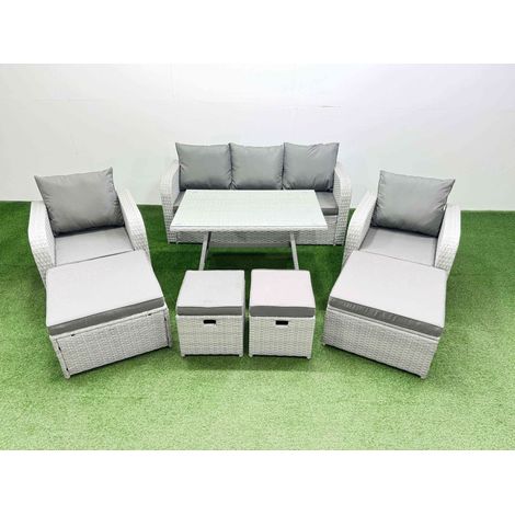 Fimous Rattan Garden Furniture Dining Set 9-seater Patio Rectangular Table Sofa Set with 4 Stools Light Grey (1/4)