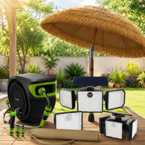 Set di irrigazione solare da giardino (3 pezzi) - Lampada solare a movimento con 167 LED, avvolgitubo da 25 m e ombrellone da 170 cm (1/5)