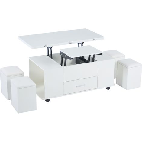 Tavolino saliscendi multifunzione bianco con 4 sgabelli, cassetto e ruote (1/5)