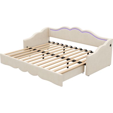 Letto imbottito beige in velluto 90 x 200 cm estensibile a 180 cm con LED e USB Type-C (1/5)