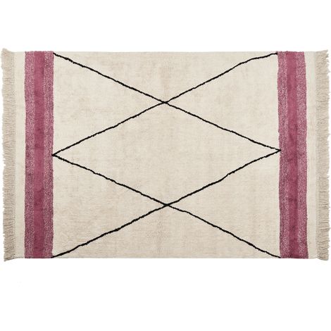 Alfombra de algodón beige claro rosa 140 x 200 cm patrón geométrico borlas Afsar