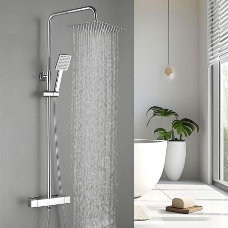 Colonne de Douche Thermostatique avec Mitigeur, Ensemble de Douche pour Salle de Bain, Carrée Système de Douche avec Pommeau de Douche, ABS Douche à Main, Réglable en Hauteur, Chromé (1/5)