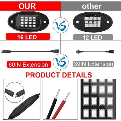 Lot de 4 lampes LED multicolores étanches avec application Bluetooth, contrôleur à 24 touches et fonction musicale pour SUV, quad et SSV.