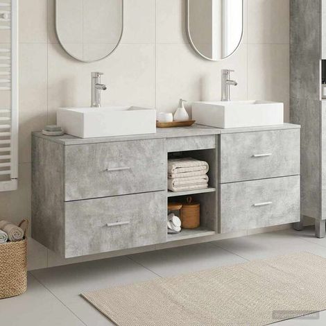 Ensemble Salle De Bain 3 Pièces Gris Béton, Bois D'ingénierie, Étagères Et Tiroirs (1/4)