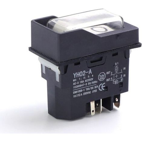 Interrupteur électromagnétique YH02-A-4 16 A 250 V 4 broches Contacteur haute puissance autobloquant 2000 W avec réarmement manuel Contrôleur industriel 45 x 22 mm (1/5)