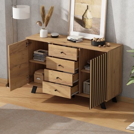 Aparador de MDF negro y natural 120x38x75 cm, 4 cajones, 2 puertas, estructura de 5 niveles (1/5)