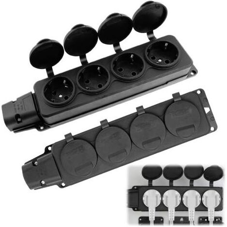 Lot de 2 prises extérieures, étanches, 4 prises, avec couvercles rabattables, sans câble, pour pièces humides, IP54, pour jardin, extérieur, intérieur (1/4)