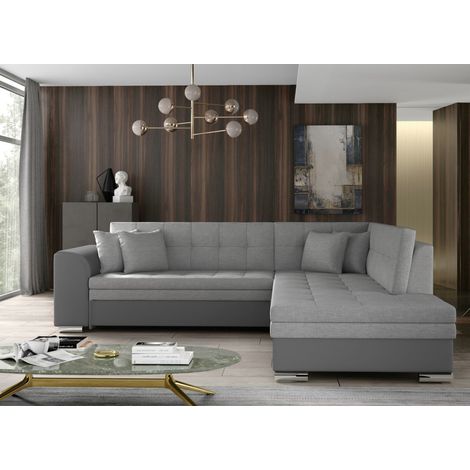 Canapé convertible angle droit tissu gris clair et simili gris Pika 260cm (1/5)