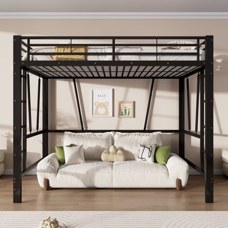 Lit mezzanine 140x200 cm – avec double échelle et espace sous lit modulable – métal – noir
