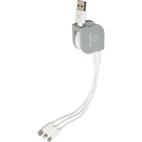 Câble USB rétractable 100cm - Lightning, Micro-USB et Type-C universel - gris - Watt and Co (1/4)