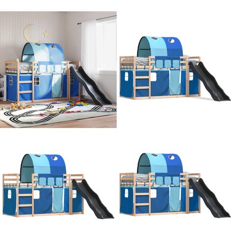 Litera con tobogán y cortinas azul 90x190 cm - Cama para niños - Cama con tobogán