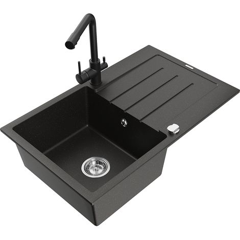 Mexen Bruno fregadero de granito 1-sección con escurridor y grifo de cocina Duero, negro/metálico dorado - 6513-75-671600-70 (1/5)