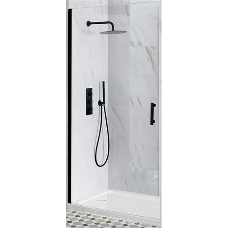 Milano Nero Black Walk In Wet Room Hinged Door Shower Enclosure and White Tray with Fast Flow Waste - 700mm x 700mm (1/5)