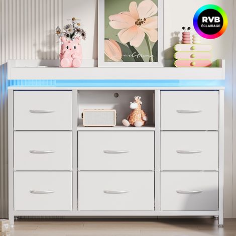 Kommode 110 cm mit 8 Stoffschubladen, Aufbewahrungsschrank mit erhöhter Ablage, Regal, LED und USB/Type-C, Schlafzimmer und Wohnzimmer, Weiß