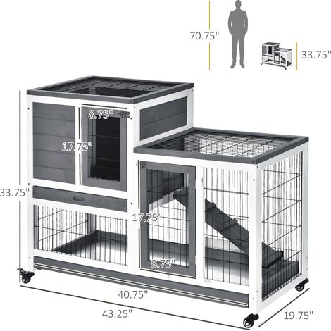 Cage surélevée en bois avec roulettes, rampe et plateau amovible, idéale pour les lapins et les cochons d'Inde, grise (1/5)