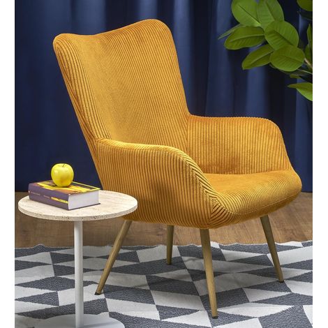 Fauteuil lounge en velours côtelé moutarde et pieds en acier AENOR (1/5)