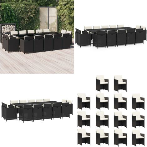 Set comedor jardín 15 pzas y cojines ratán sintético negro - Sillas de jardín - Cojines sintéticos