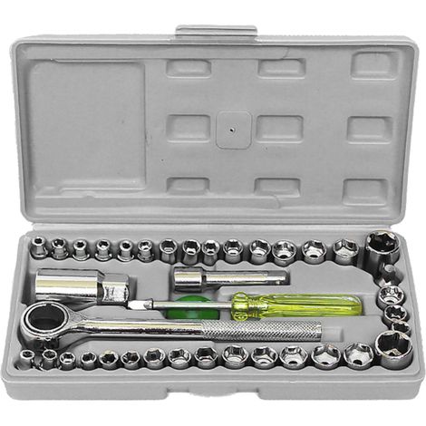Coffret d'outils 40 pièces (clés et douilles) : jeu de 40 douilles 1/4" et 3/8", douilles mixtes métriques et SAE, clé à cliquet réversible et coffret à outils inclus Idéal pour voitures et véhicules (1/5)