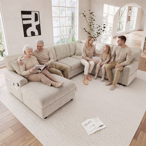 Canapé modulable 6 places avec port USB et Type-C,canapé d'angle en U avec 1 méridienne,poches laterales,canapé en velours côtelé et chenille,Beige
