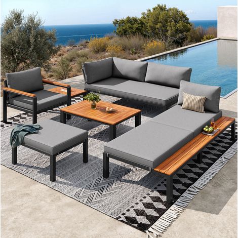 Mobilier d'extérieur pour terrasse en bois d’acacia et fer gris, set modulaire 6 pièces avec 2 tables et coussins (1/5)