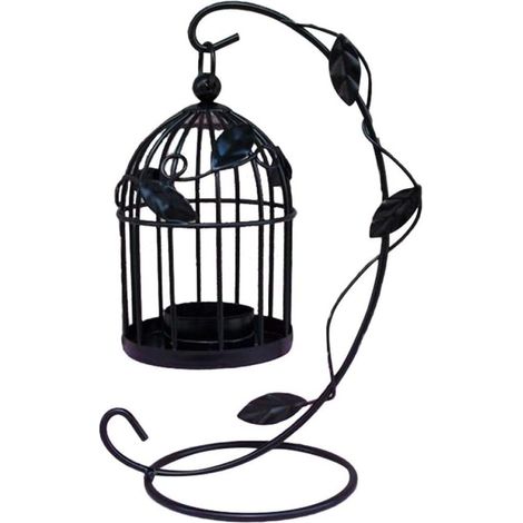 Bougeoir en métal ajouré en forme de cage à oiseaux, style vintage, lanterne suspendue pour décoration de centre de table de mariage (noir) (1/5)