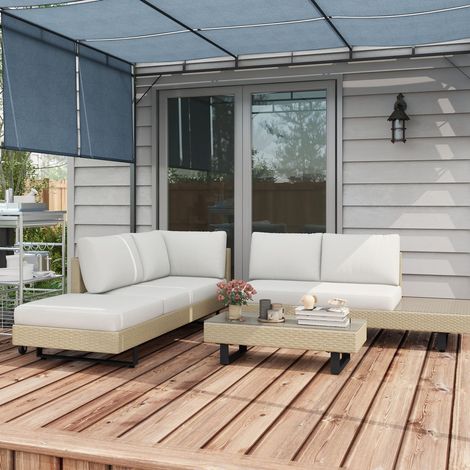 Salon de jardin d'angle 5 places design contemporain coussins déhoussables table basse acier époxy résine tressée beige