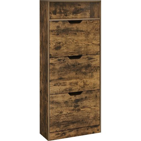 Vasagle – Meuble à chaussures 3 portes battantes – Compartiment ouvert – Séparateur réglable – Capacité 14 à 18 paires – Dimensions 24 x 60 x 139 cm – Marron rustique (1/5)
