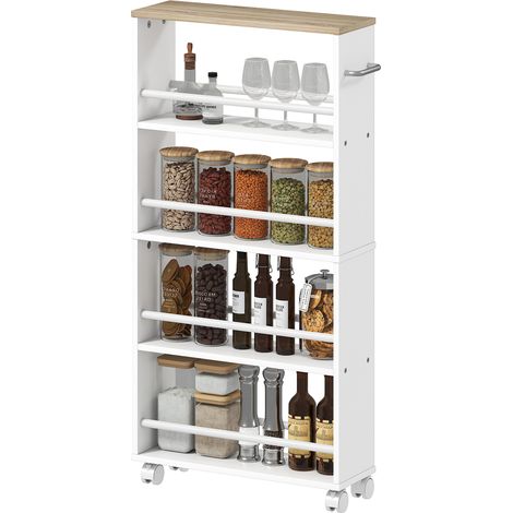 Étagère multifonctionnelle à roulettes, design étroit, 4 compartiments, 45 x 15 x 91 cm, naturelle
