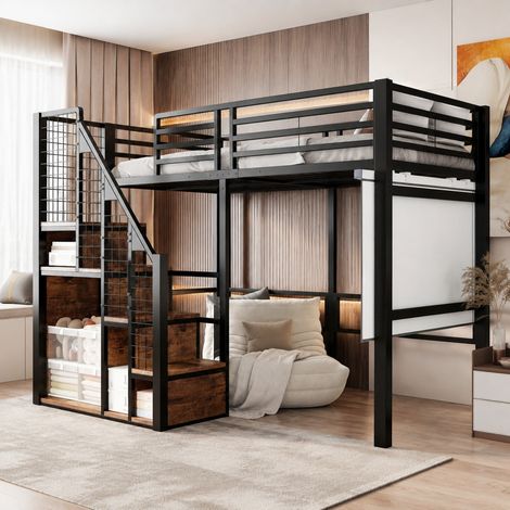 Cama alta infantil 90x200 cm de metal negro con almacenaje FloraGrace (1/5)