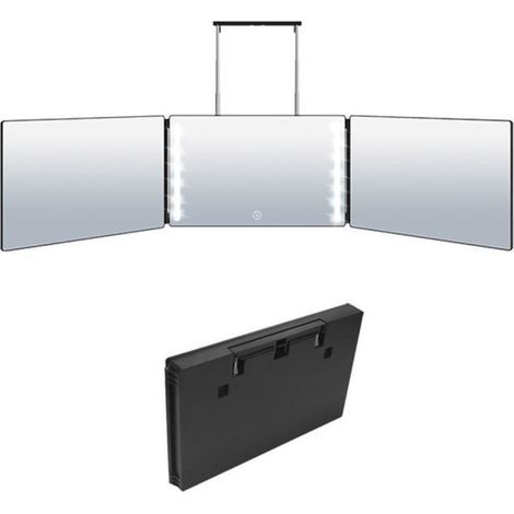 Miroir de Maquillage LED Portable Suspension Télescopique Miroir Pliant à 3 faces Noir (1/4)