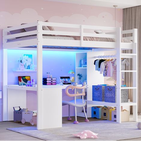 letto contenitore 140x200 con scrivania LED USB bianco OKMYHOME