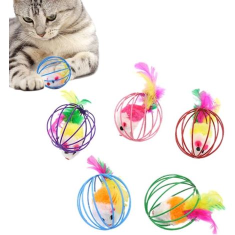 Juguetes para gatos (paquete de 5): Pelotas para gatos, jaula metálica con ratones y relojes, juguetes con forma de ratón (1/5)