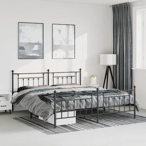 Cadre de lit métal sans matelas avec pied de lit noir 193x203cm (1/5)