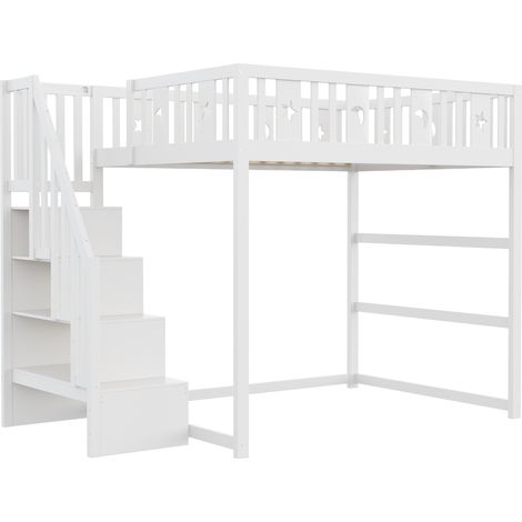 Letto a soppalco per bambini 140 x 200 cm con scala e sponde bianche HOMVRA (1/5)