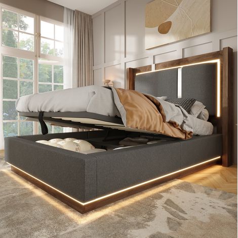 Lit 90x200 cm avec sommier, LED et coffre hydraulique, tissu gris et bois noyer, REDOM (1/5)