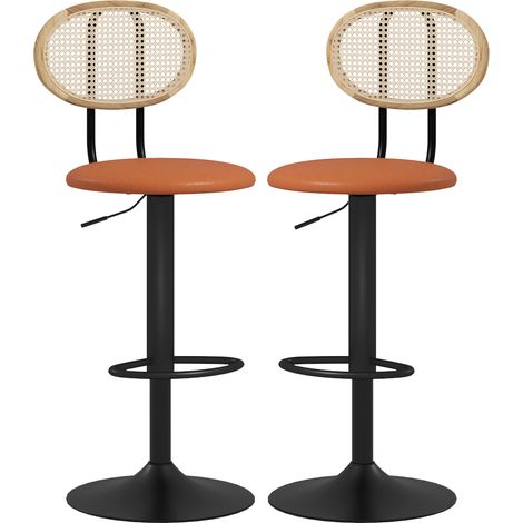Ensemble de 2 tabourets de bar, chaises de bar réglables en hauteur avec dossier et repose-pieds en rotin marron