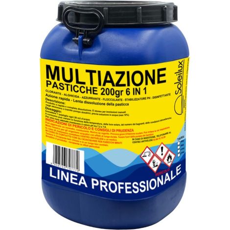 Triplex Multiazione Pastiglie 200gr 25kg Cloro 6 IN 1 - Clorante, Azzurrante, Flocculante, Disinfettante, Antialghe e Stabilizzatore ph - Azione Rapida - Lenta Dissoluzione