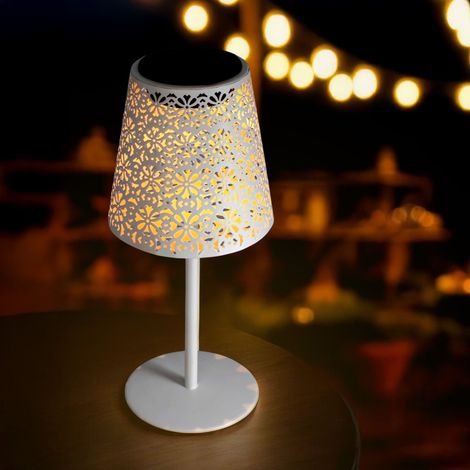 Solar Retro Tischleuchte aus Metall in weiß - 28 x 12 cm - Vintage Garten Tischlampe warm weiß