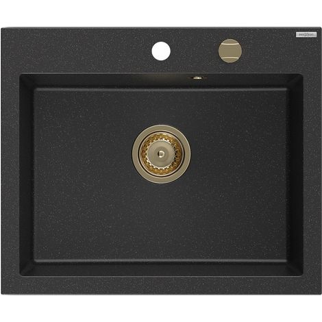 Mexen Elix évier en granit 1 bac 600 x 500 mm, noir/argent métallisé, siphon doré - 6525601005-73-G (1/5)