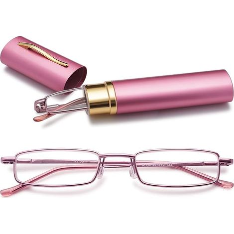 Occhiali da lettura, montatura in metallo, cerniera classica, vestibilità slim, ausilio per la lettura, per esami della vista, occhiali con montatura completa e custodia protettiva (rosa) 2.0+ (1/2)