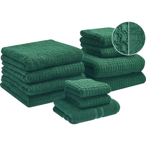 Conjunto de 11 toallas de baño de algodón suave de torsión baja con alfombrilla de baño verde Atai