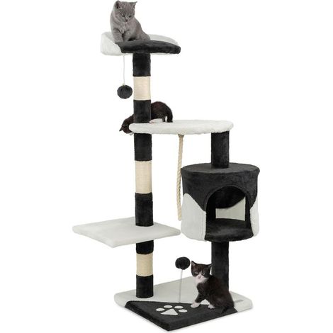 Arbre à Chat avec 2 balles en Peluche & Corde de Jeu, Hauteur 112 cm, avec Corde en sisal & Peluche, Surface de Repos & Grotte, Support Mural Inclus, pour Petits & Grands Chats, Noir/Blanc (1/5)