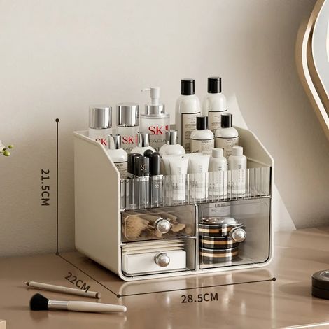 Boîte de rangement maquillage petit format blanc crème, organiseur pour cosmétiques, rouges à lèvres et soins beauté, élégant (1/4)