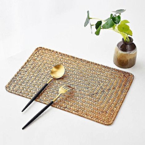 Lot de 4 sets de table rectangulaires en jonc de mer naturel et rotin tressé, 25,4 x 14 cm (10 x 5,5 pouces), pour la décoration de table de pique-nique ou de cuisine. (1/5)