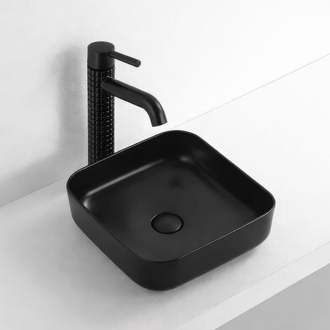 Vasque à poser en céramique lavabo perçage forme rectangle Noir avec Bonde Siphon 385x385x140mm (1/5)