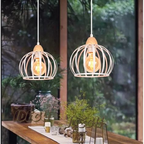 Suspension Luminaire - - Vintage - Métal et Bois - E27 - 60W - Blanc (1/5)