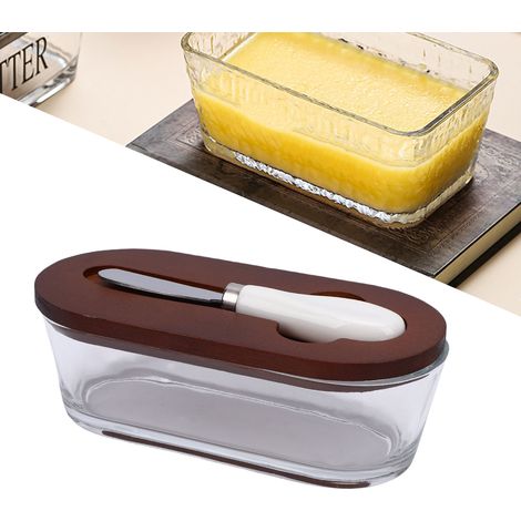 Beurrier en verre avec couvercle hermétique pour une fraîcheur optimale, 300 ml, rectangulaire, couleur foncée, idéal pour décorer votre plan de travail. (1/3)