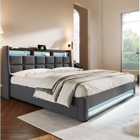 Letto imbottito 180x200 cm grigio in lino con LED, USB e rete a doghe in metallo