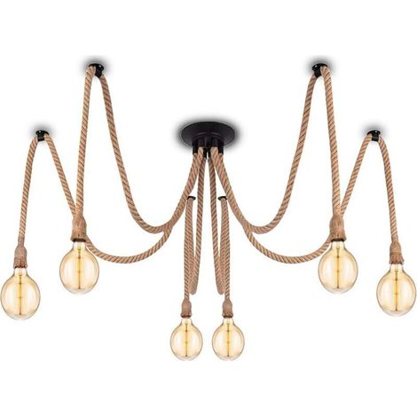 Suspension Industrielle avec Câble Textile - Bricolage Chanvre Corde Rétro Vintage Lustre 6 X 2 Mètres avec Support de Lampe E27 pour Salle à Manger, Hall, Restaurant, Bar, Café (sans